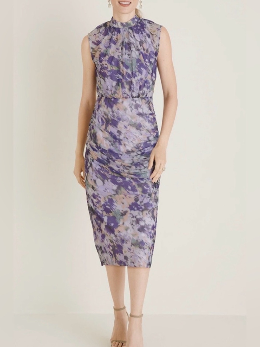 Chico's Ruched Mesh Midi Dress Purple Watercolor Size 2 Size 10 Large NWT